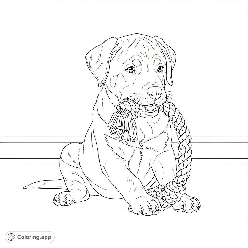A charming Rottweiler puppy sits on a simple floor, engaged in chewing a braided rope toy, bringing a delightful scene of puppy play to life.