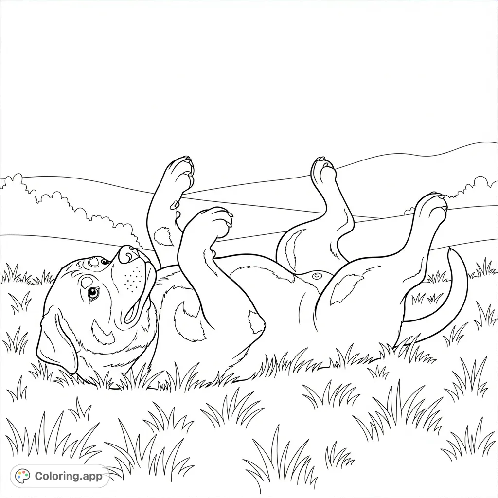 A joyful Rottweiler rolling on its back in a grassy field, paws up in the air, against a simplified outdoor backdrop. Perfect for dog lovers!