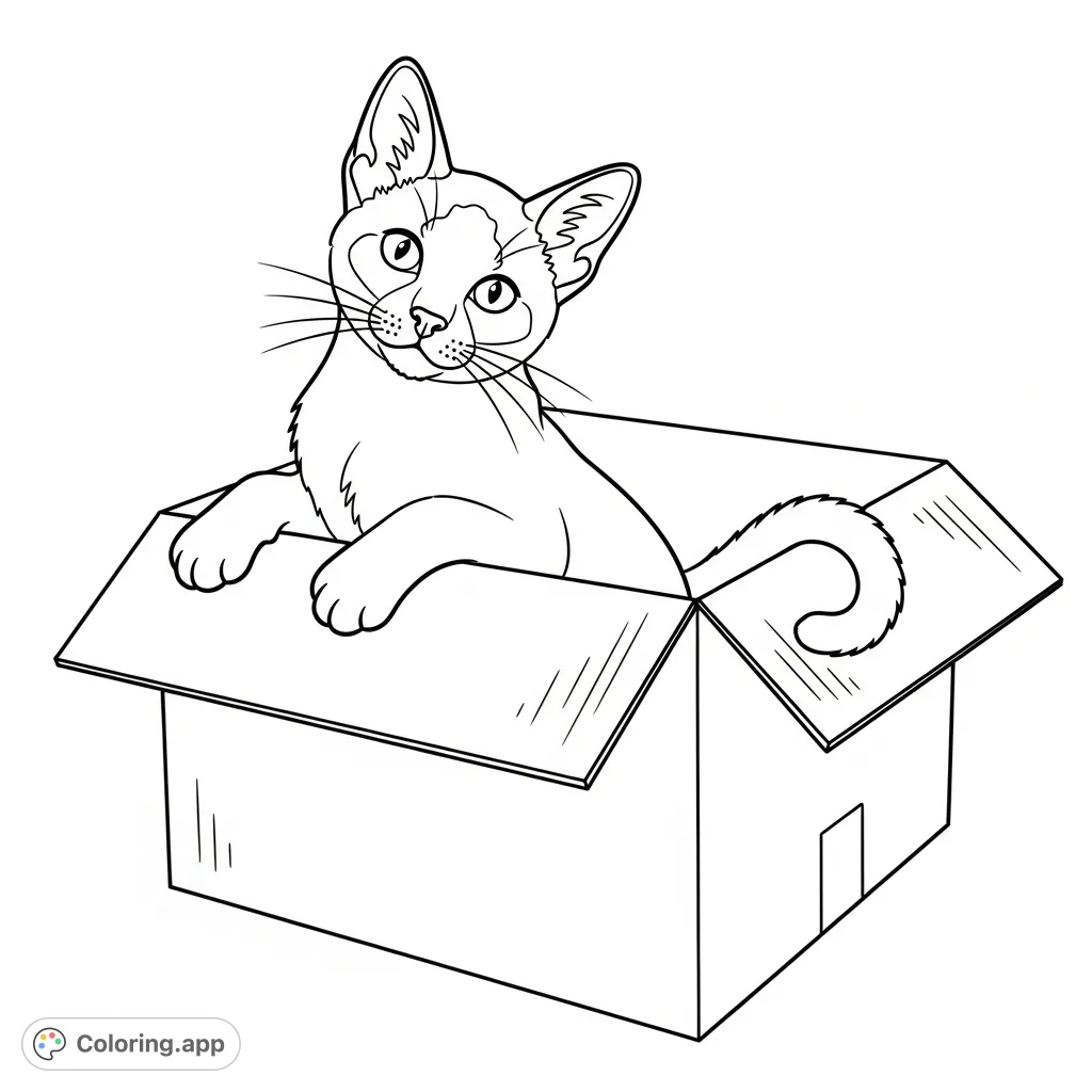 A charming Siamese kitten explores a simplified cardboard box, peeking out with curiosity. Perfect for cat lovers and mindful coloring.
