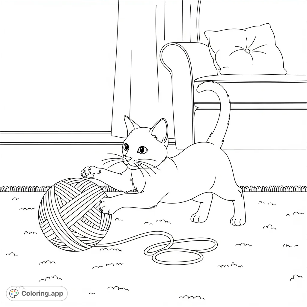 A charming Siamese kitten playfully pounces on a ball of yarn amidst a cozy interior, featuring a soft rug and armchair. Perfect for relaxation.