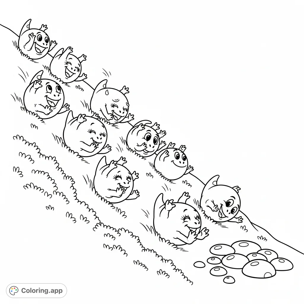 Watch several spherical dinosaurs joyfully tumble down a gentle slope towards a patch of smooth stones. A fun and dynamic prehistoric scene!