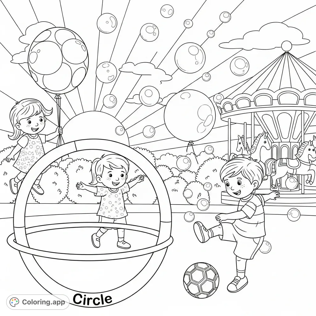 Explore a lively playground scene featuring a giant hula hoop, children playing with round objects, and a circular carousel under a rising sun. Perfect for all ages!