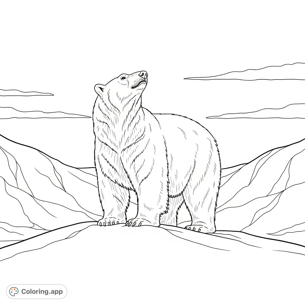 A majestic polar bear stands on a snowy ridge, head raised to sniff the air. Features vast snowy terrain and a serene, minimalist sky.