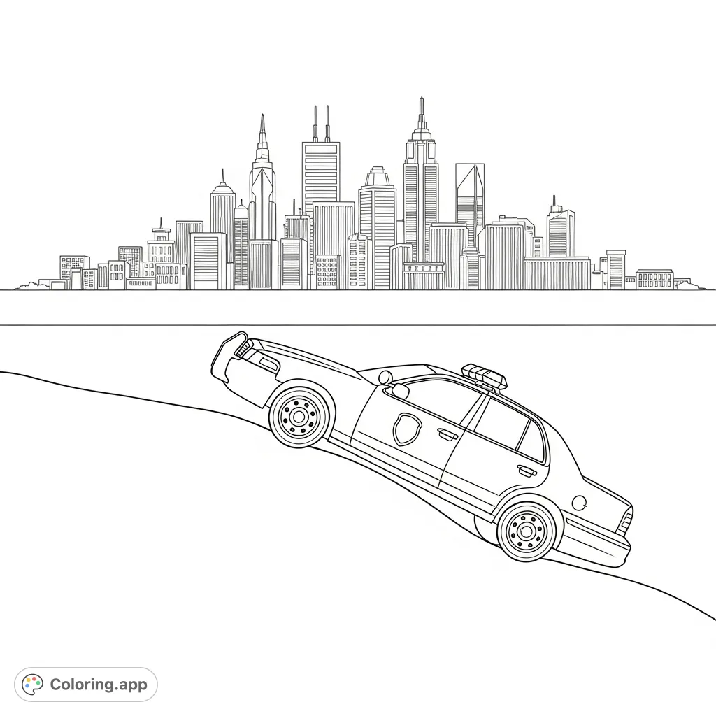 A dynamic police car coloring page, featuring a patrol vehicle cresting a hill with a detailed city skyline in the background. Perfect for all ages.