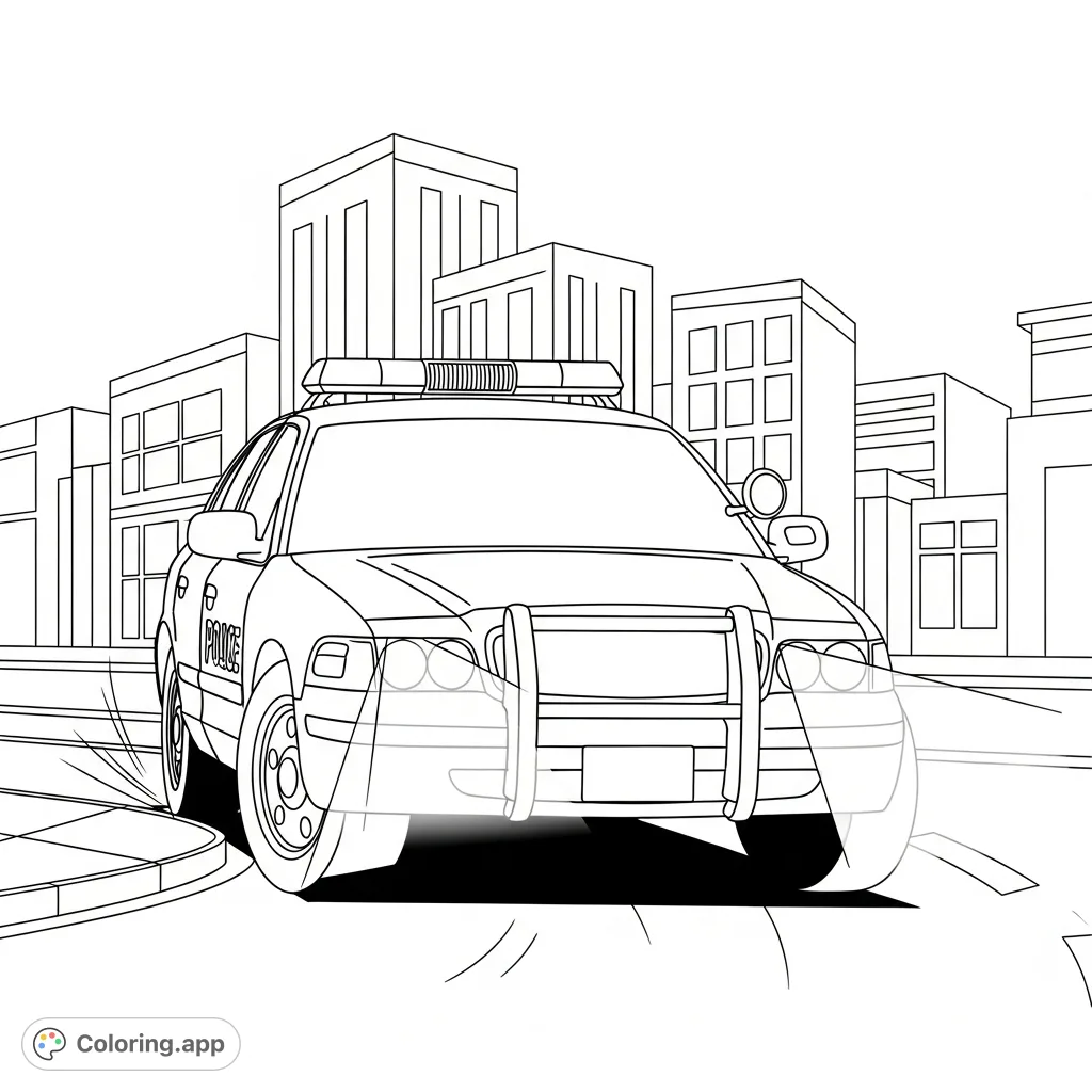 Color a dynamic police car making a sharp turn on a city street, complete with flashing light bar and illuminated headlights against a simplified urban background.