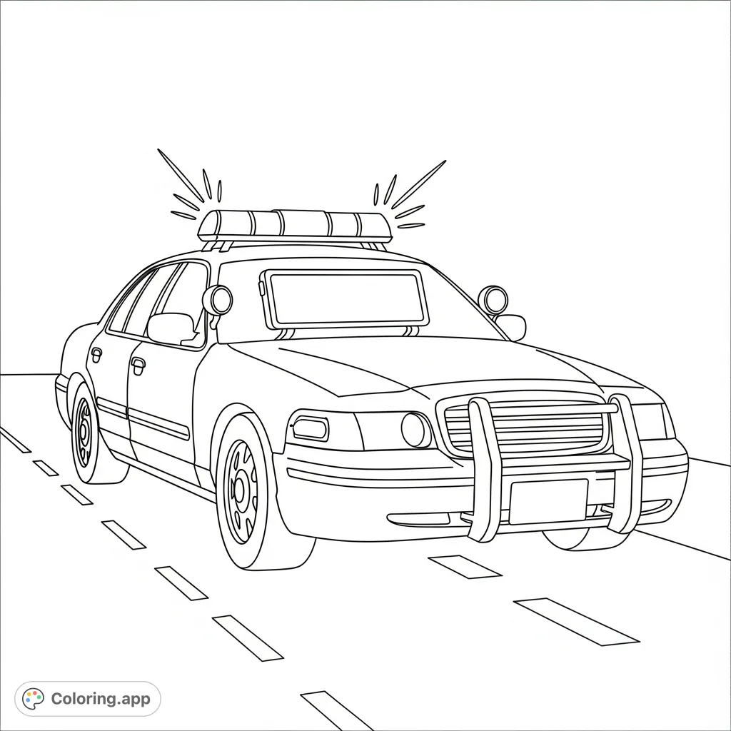 Color a police car featuring a rooftop message board and simple road markings. Ideal for young artists to explore community helper vehicles and road safety.