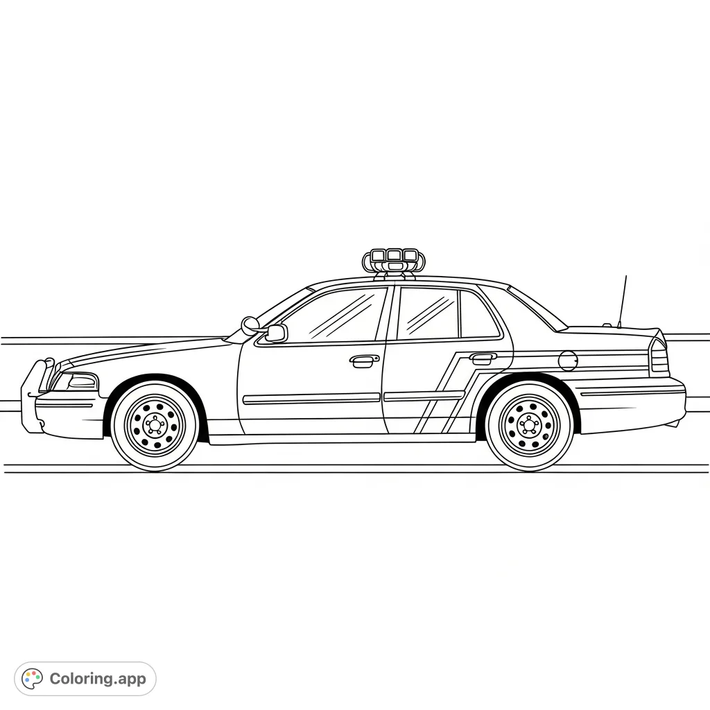 A clear, profile view of a police car with a light bar and simple stripe decals, perfect for young artists to explore community helper themes.