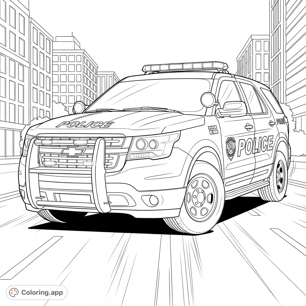 A robust police SUV executes a wide turn on a city street, detailed with emergency lights, a push bar, and clear police markings, set against urban buildings.