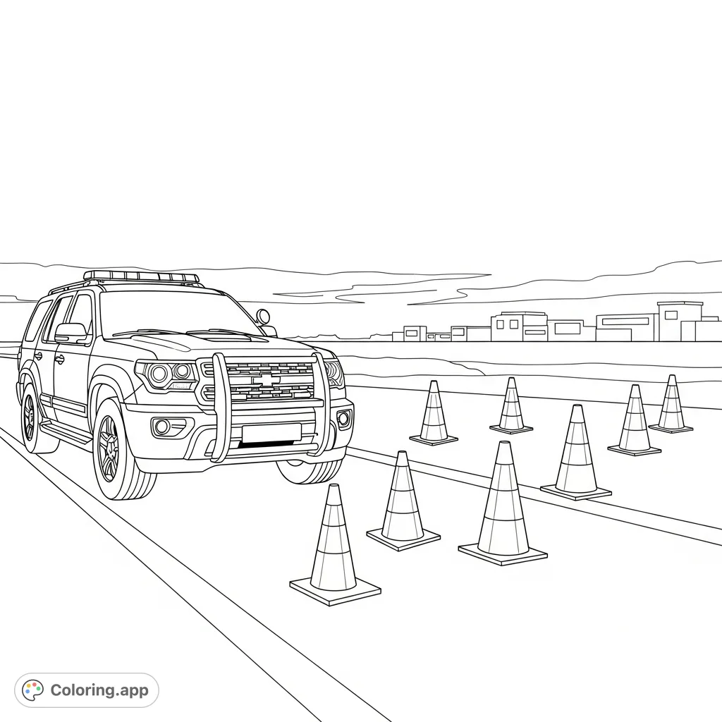 Color a police SUV at a roadside checkpoint with simple traffic cones and a clear background. Perfect for young enthusiasts of community helpers.