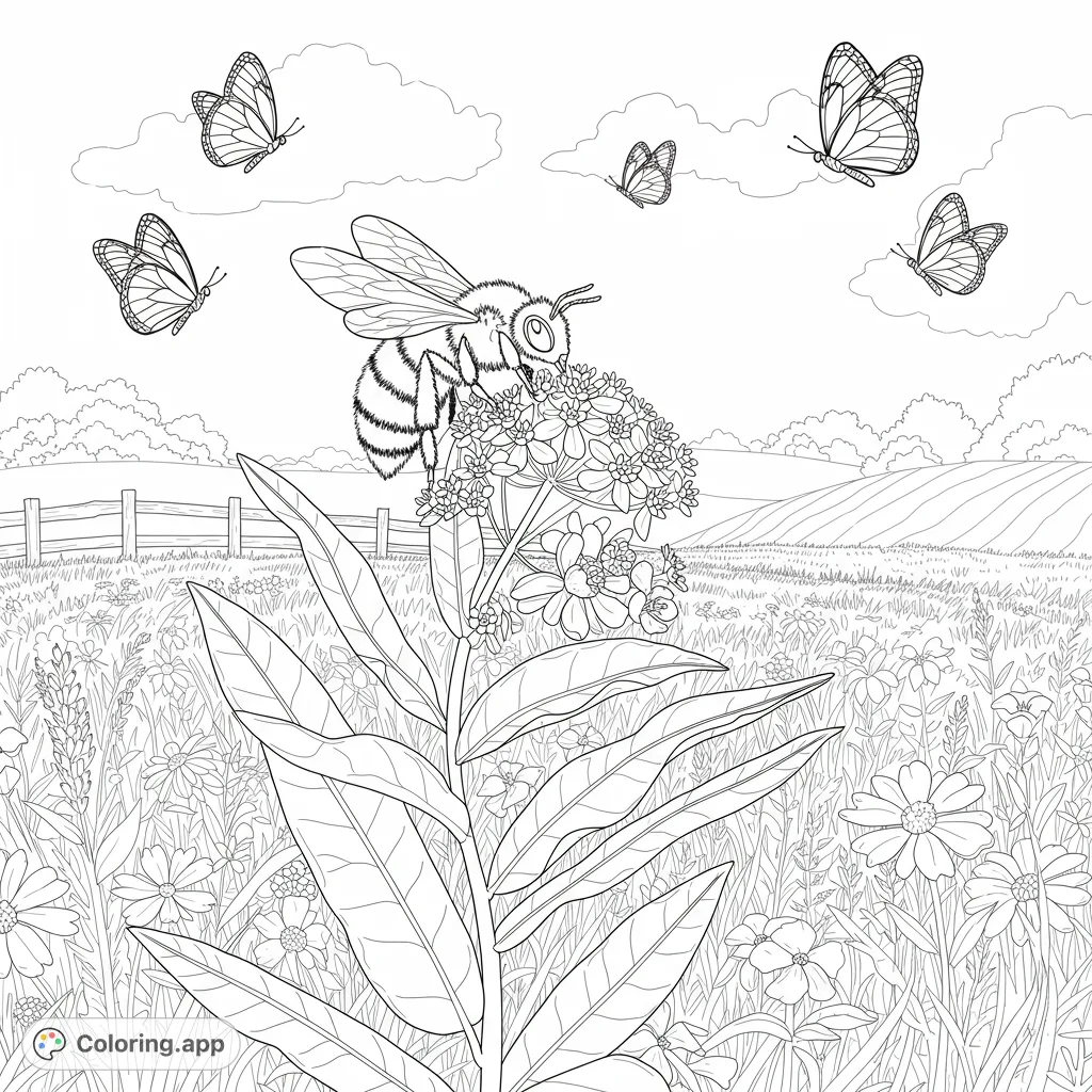 A charming nature coloring page featuring a busy bee on a flower, surrounded by fluttering butterflies and a vibrant wildflower meadow scene.