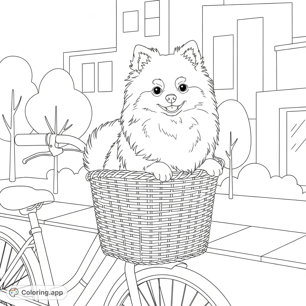 A charming Pomeranian sits happily in a bicycle basket, set against a backdrop of simplified outdoor street shapes. A delightful and engaging coloring page!