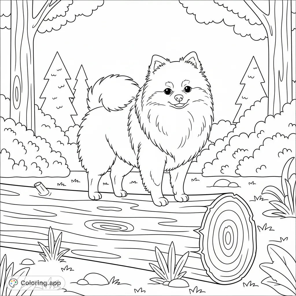 A charming Pomeranian stands atop a textured log in a simplified forest, offering a delightful scene for all ages to color and enjoy creatively.