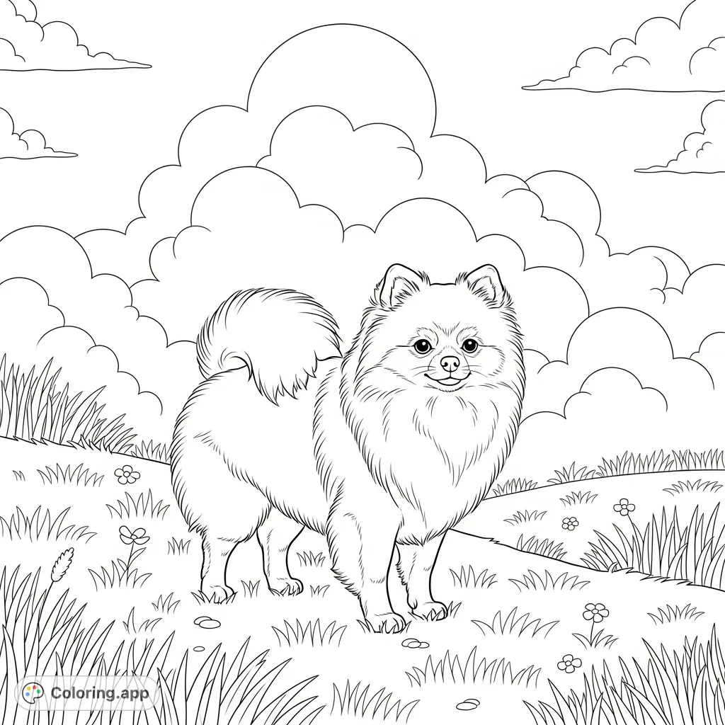 An adorable Pomeranian stands proudly on a gently sloping grassy hill under a sky dotted with large, bold clouds, inviting imaginative coloring fun.