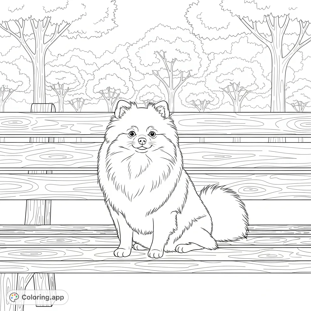 Color a charming Pomeranian on a rustic wooden bench, set against a serene backdrop of softly outlined trees. Perfect for pet lovers and relaxation.