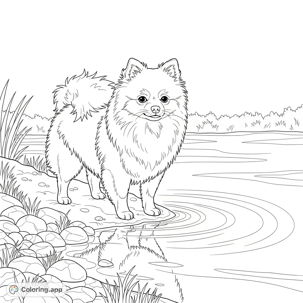 Color a charming Pomeranian dog standing gracefully at the edge of a shallow pond, with its fluffy reflection visible in the tranquil water.