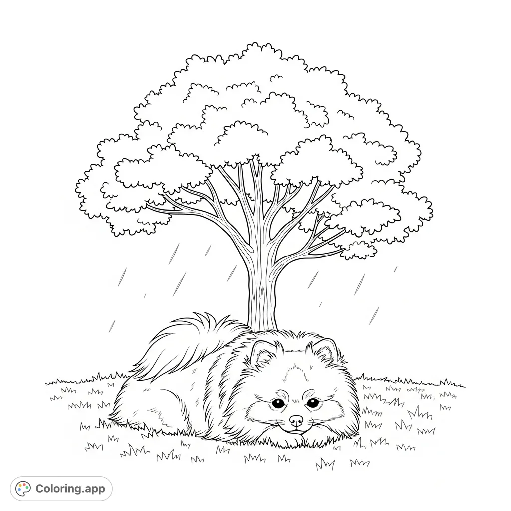 A fluffy Pomeranian dog lies peacefully under a large tree, enjoying a tranquil moment. Subtle lines suggest gentle shadows and a serene atmosphere.