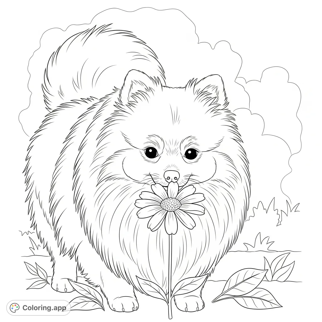A charming coloring page featuring a fluffy Pomeranian dog with emphasized rounded cheeks and a voluminous chest, gently sniffing a beautiful, multi-petaled flower.