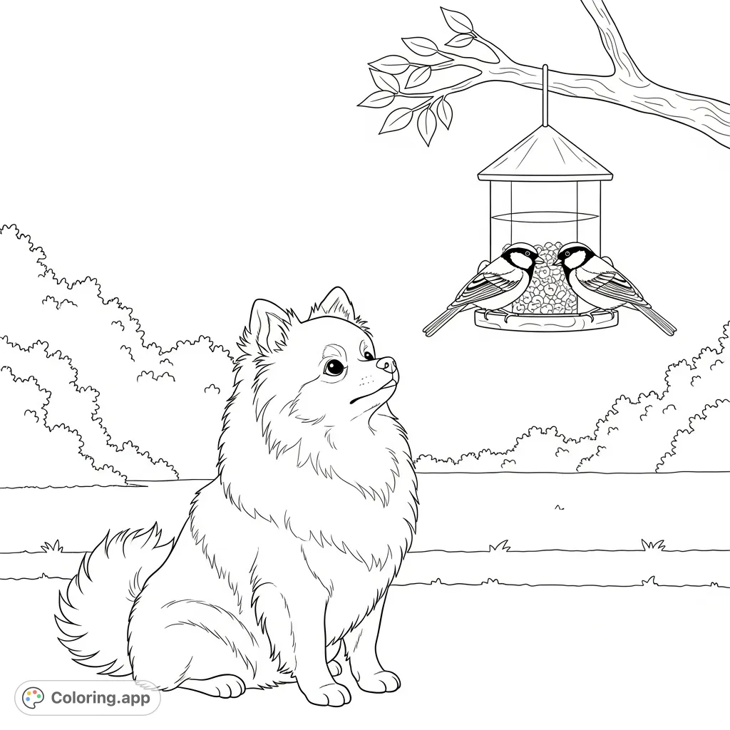 A fluffy Pomeranian dog intently observing two small birds at a hanging feeder, set against a subtly outlined garden background. Perfect for pet lovers!