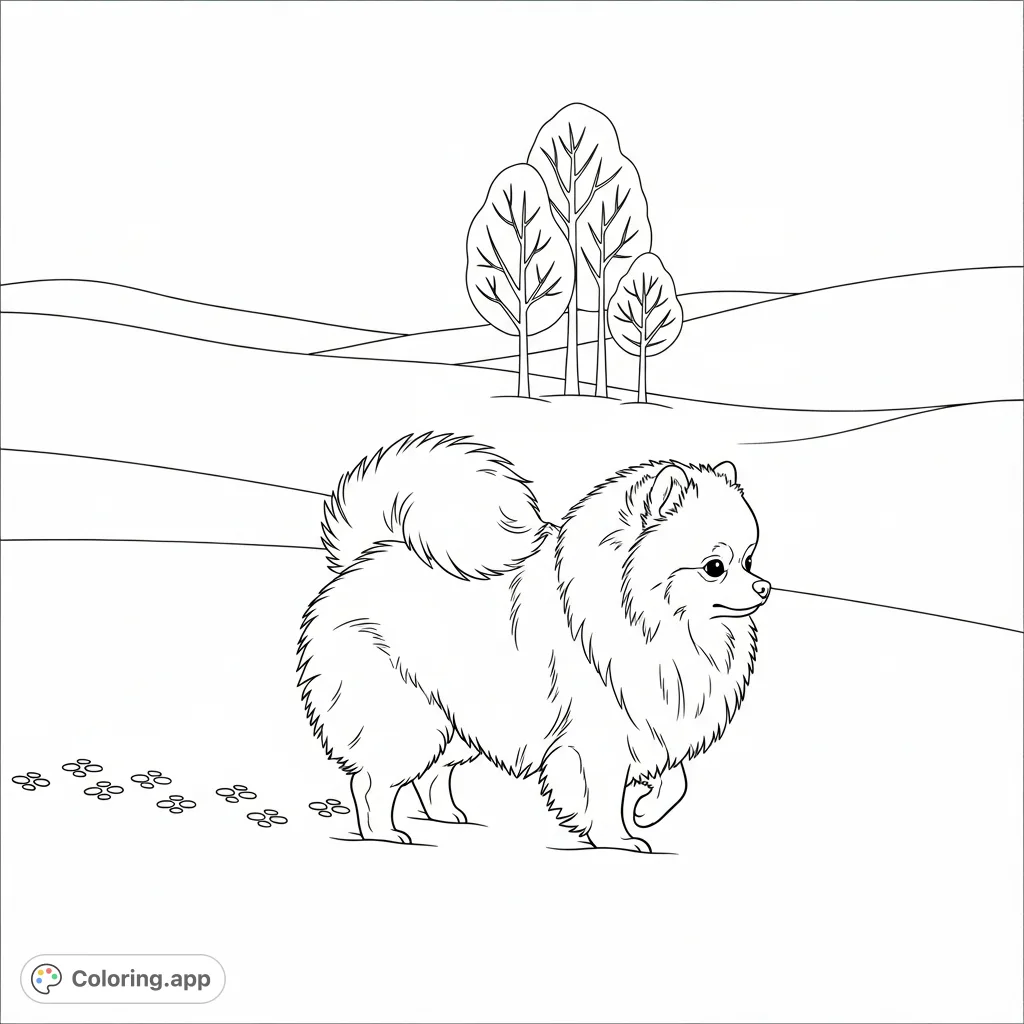 A charming Pomeranian dog explores a snowy landscape, leaving tiny paw prints. Simplified trees and gentle hills complete this delightful winter scene.