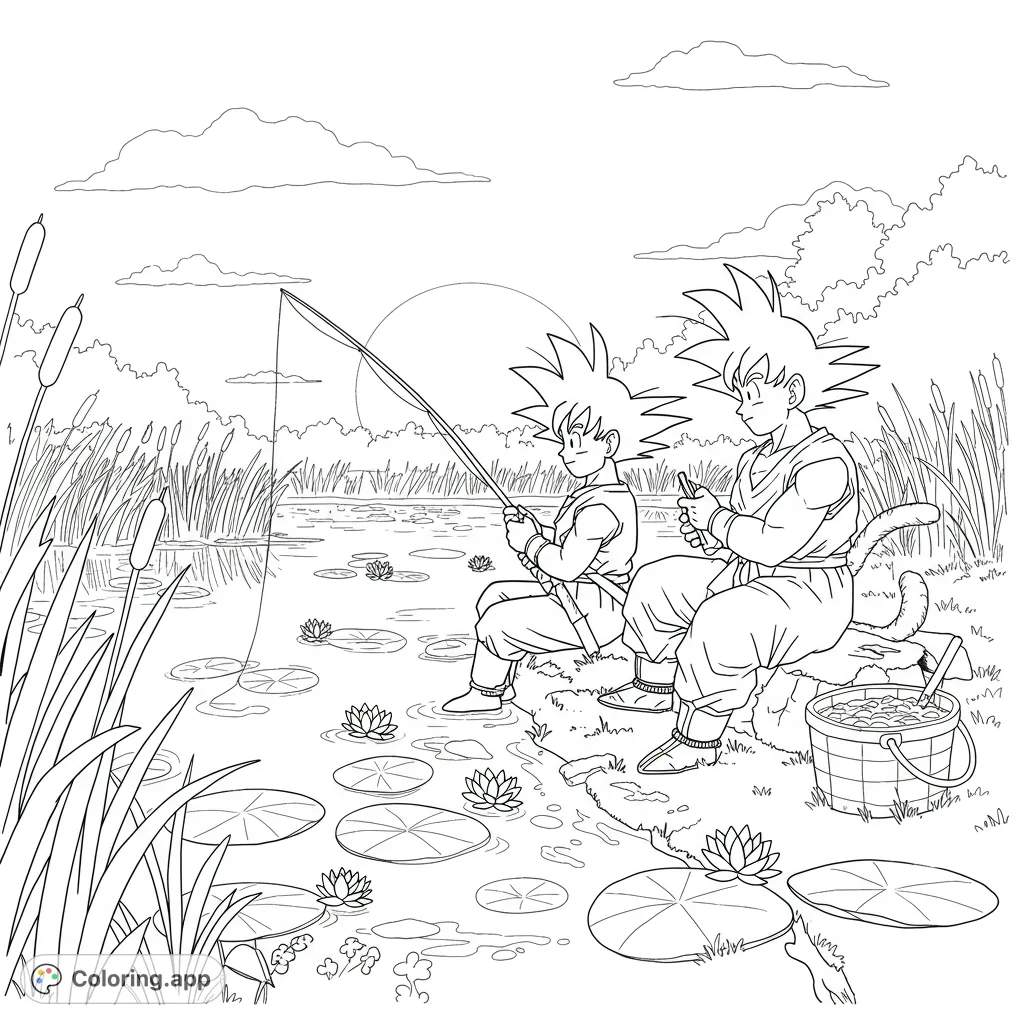 A serene anime-style fishing scene featuring two characters by a pond with lily pads and reeds. A peaceful, free printable coloring page for all ages.