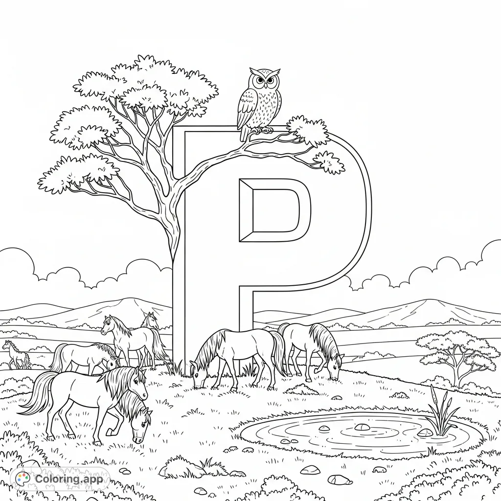 Explore a whimsical savanna scene featuring a prominent letter P, grazing ponies, a wise owl, and a reflective pond. Perfect for young learners!