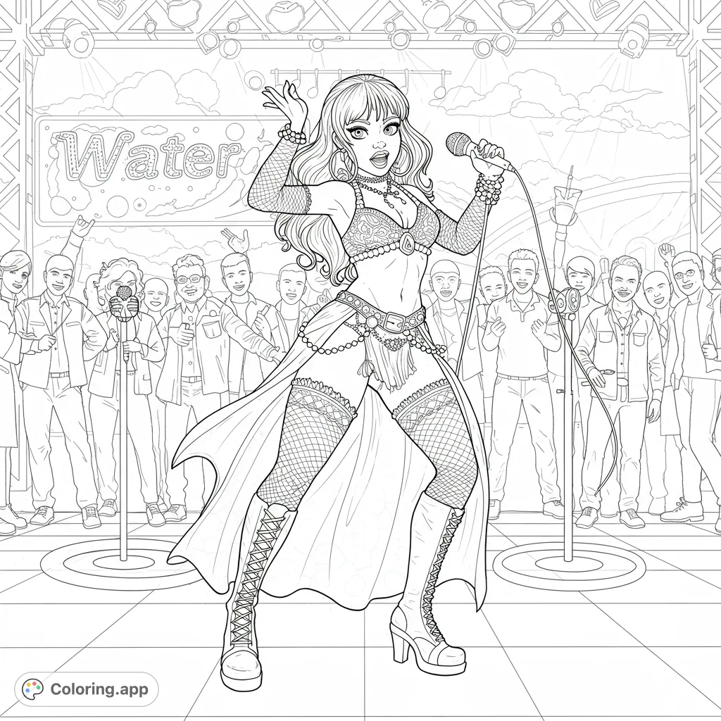 Dynamic pop star on stage, microphone in hand, performing for a cheering crowd. Intricate details on outfit and stage for a vibrant concert scene.