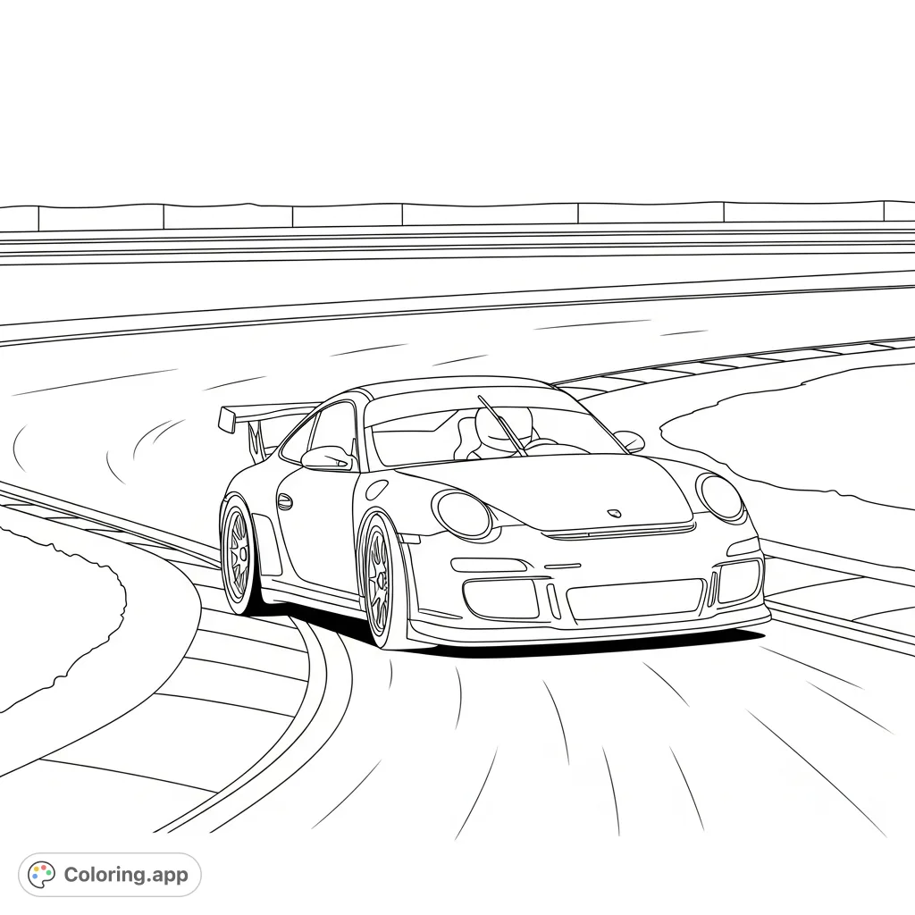 A dynamic coloring page featuring a Porsche GT2 inspired track car aggressively navigating a hairpin turn on a race circuit, with simplified aerodynamic details.