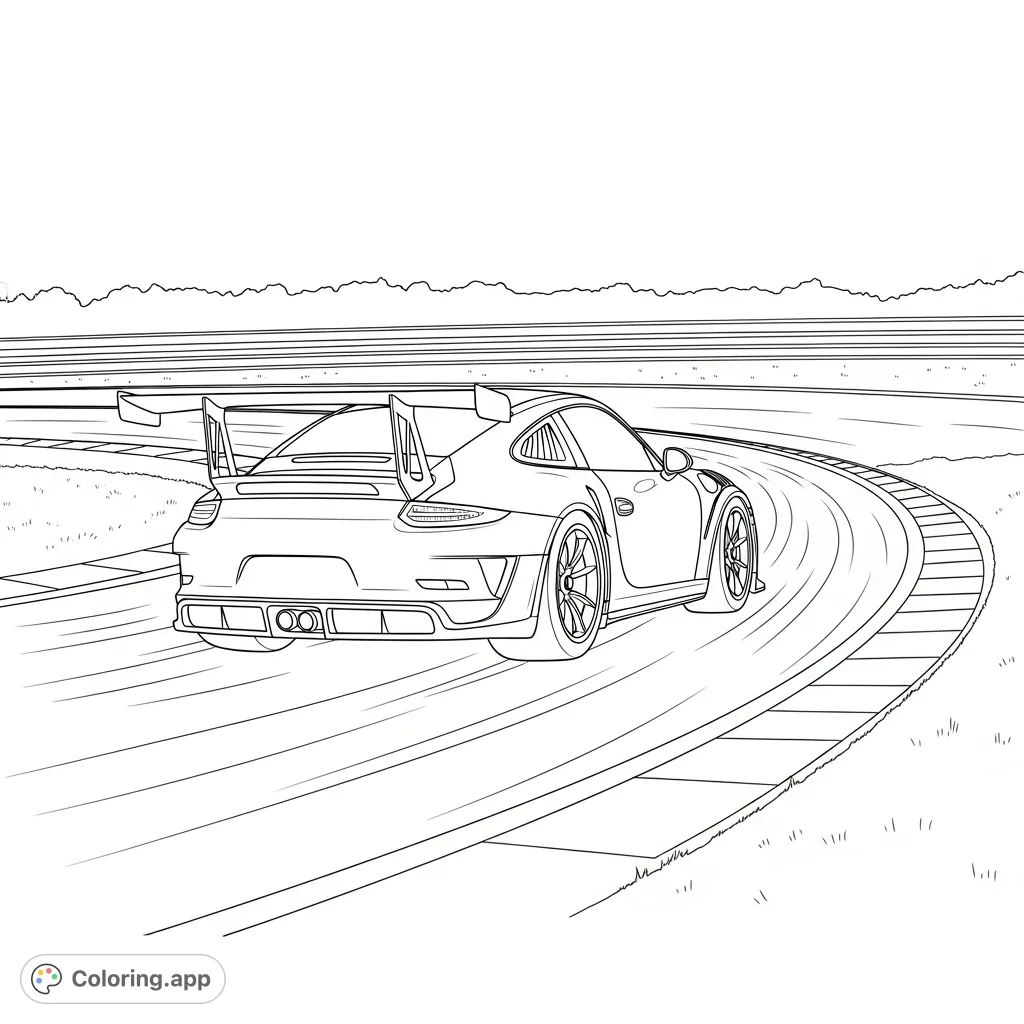 Color a high-performance track car inspired by the Porsche GT3, featuring a large rear wing and detailed aerodynamics, set on a dynamic racetrack curve.
