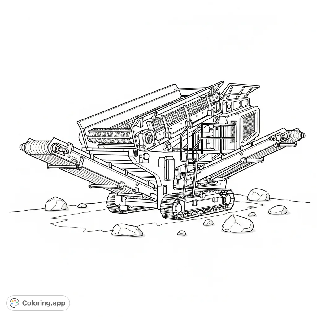 A simplified portable screening unit with a prominent, inclined vibrating deck and minimal rocks. Great for learning about industrial machinery.