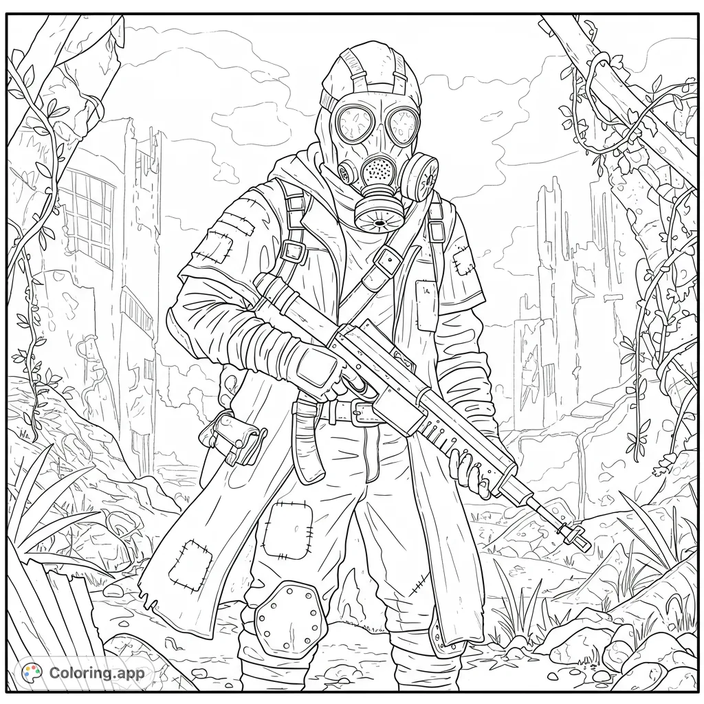 A detailed post-apocalyptic survivor in a gas mask holding a rifle amidst crumbling ruins and overgrown vegetation. A free printable coloring page.