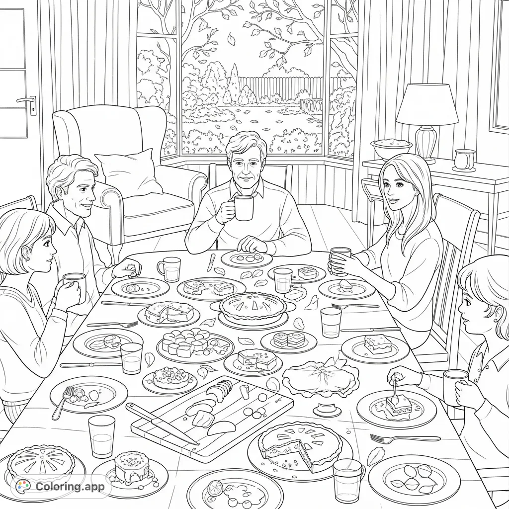 Capture the cozy aftermath of a grand Thanksgiving feast with lingering family and a peaceful garden view. Perfect for a relaxing coloring session.