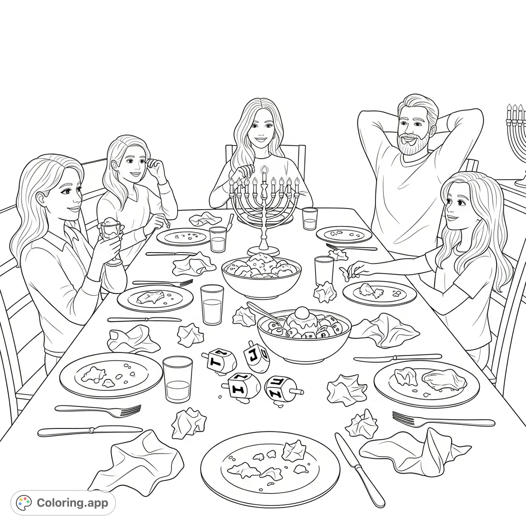 A heartwarming Hanukkah scene: a dining table after dinner, with scattered plates, dreidels, and content family enjoying post-meal conversation.