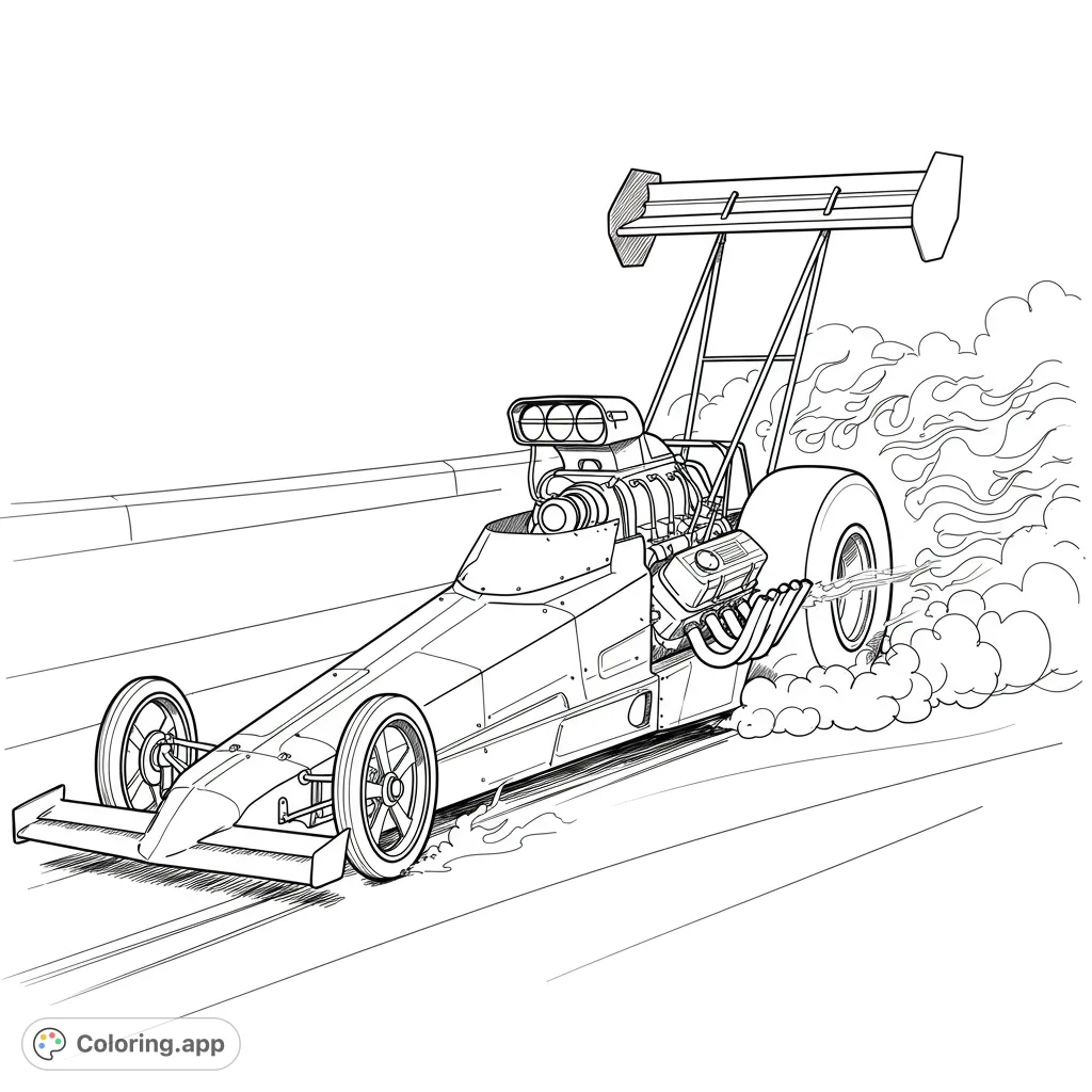 Unleash speed with this dynamic dragster coloring page! Features a powerful race car with smoke and flames, perfect for speed enthusiasts.