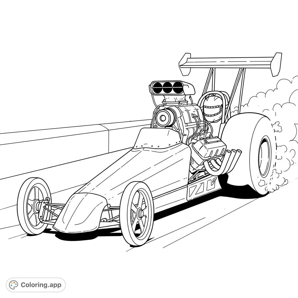 Experience the thrill of speed with this dragster coloring page! A powerful race car with a massive engine and smoke, ready for vibrant colors.