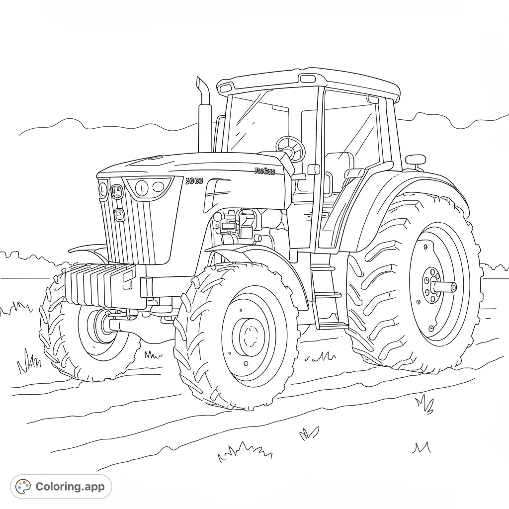 Detailed farm tractor coloring page, perfect for vehicle enthusiasts. This free printable coloring page is great for kids and adults who love agriculture.