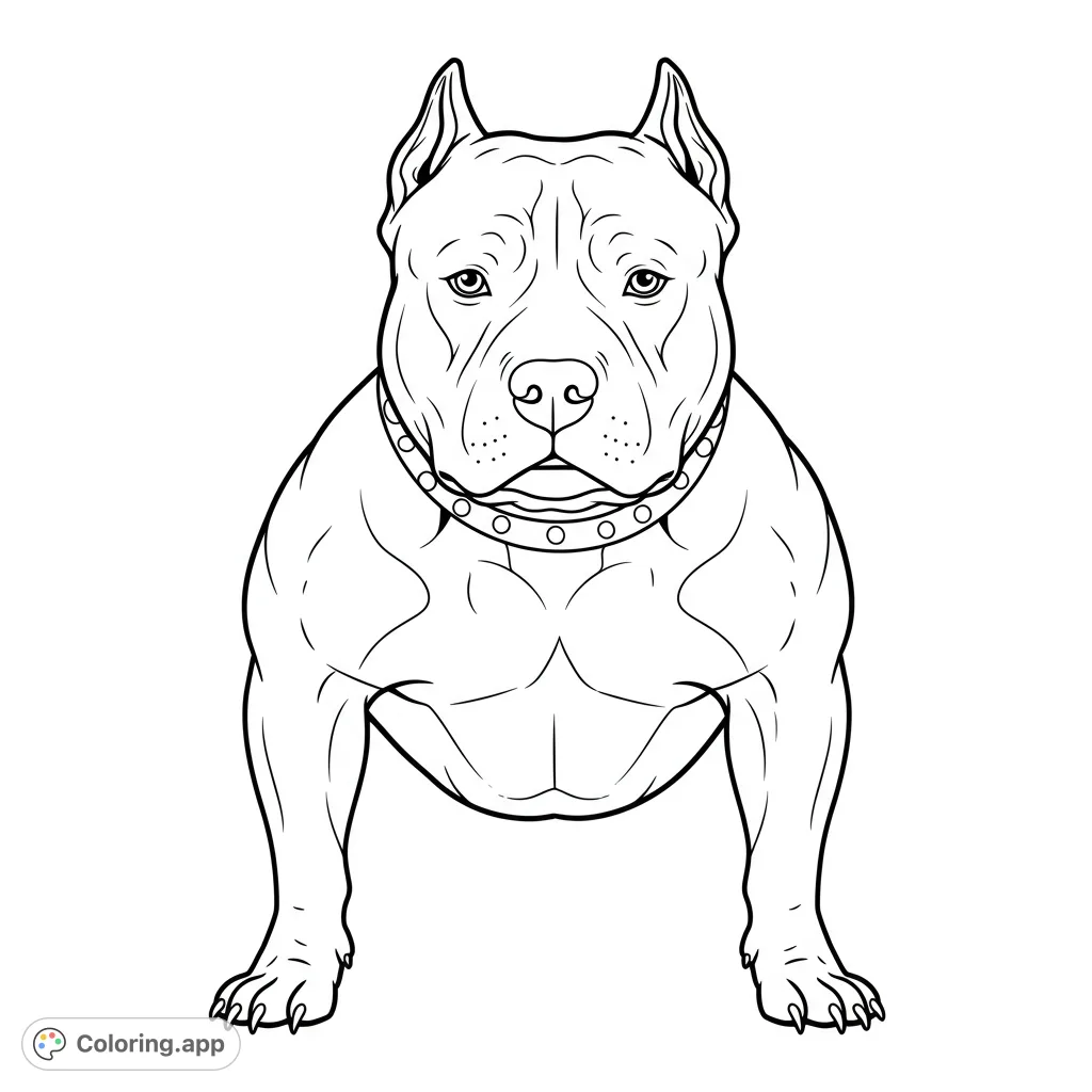 A strong Pitbull dog coloring page, front-facing with a studded collar. Perfect for dog lovers and free printable coloring page enthusiasts.