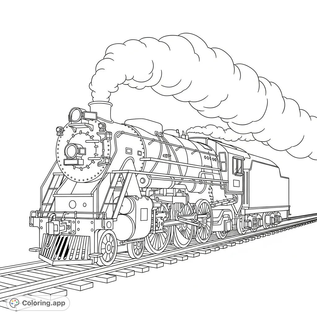 Embark on an exciting journey with a powerful steam train, full side view, smoke billowing from its chimney. Detailed wheels, boiler, and tracks invite creative coloring.