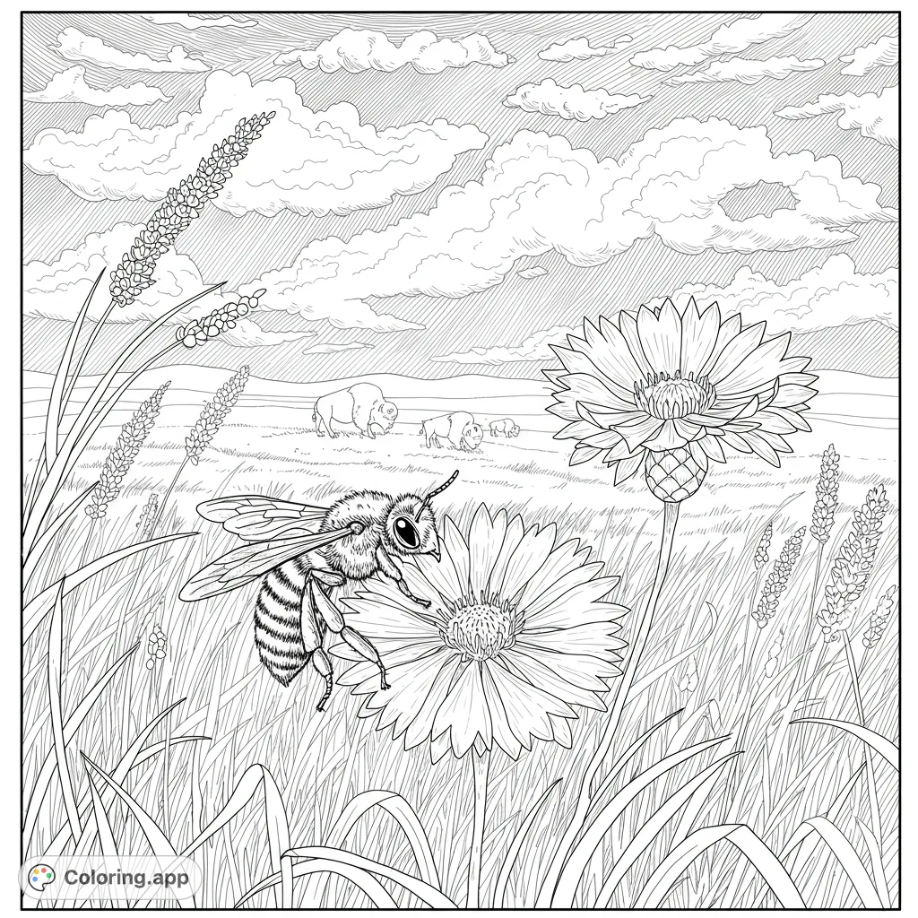 A charming prairie scene featuring a busy bee on a wildflower, with grazing bison and fluffy clouds. A free printable nature coloring page for all ages.