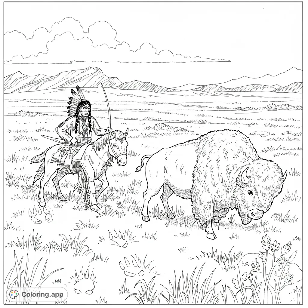 Explore the American West with a Native American rider on horseback alongside a majestic buffalo. A free printable coloring page for all ages.