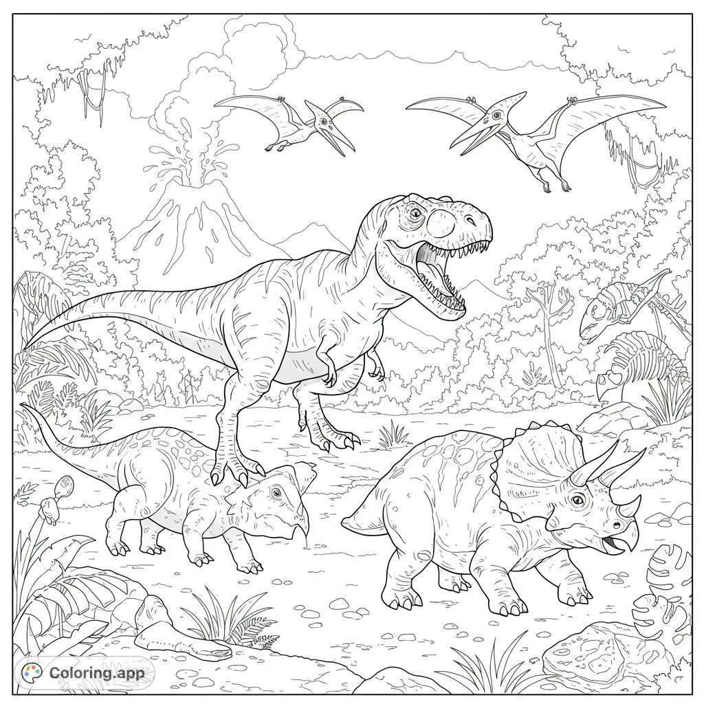Explore a thrilling dinosaur coloring page featuring a roaring T-Rex, Triceratops, Pterodactyls, and an erupting volcano in a prehistoric jungle.