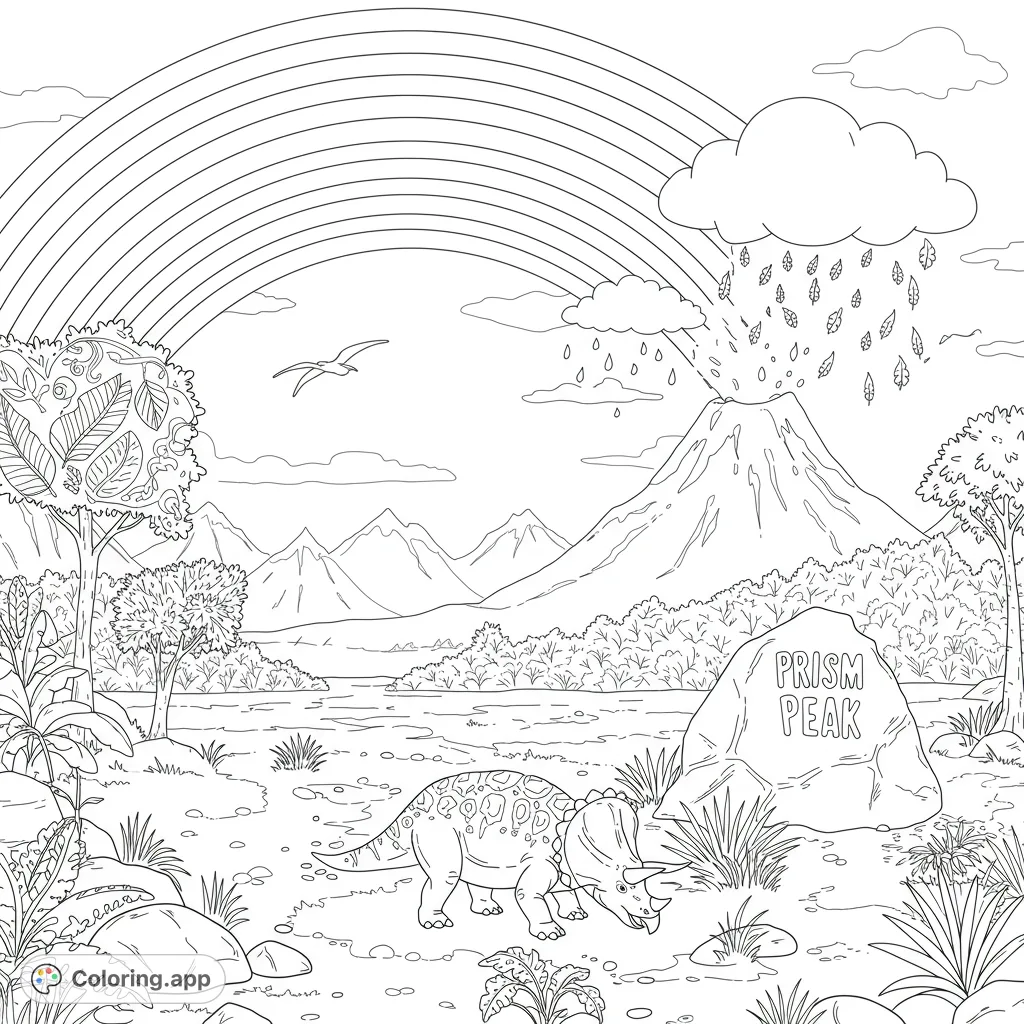Explore a prehistoric world with a Triceratops, flying Pterodactyl, and a majestic rainbow over a volcano. A captivating dinosaur coloring page for all ages!