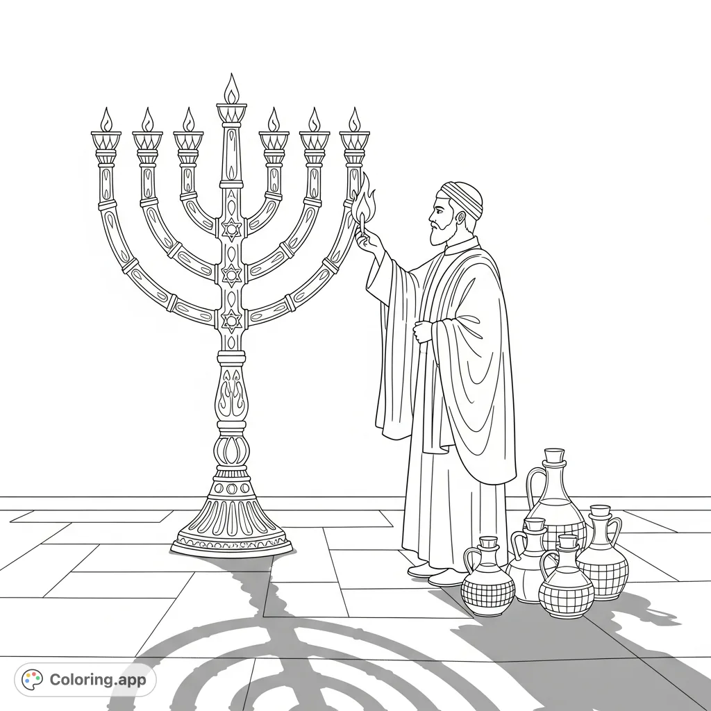 Capture the solemn moment of a lone priest lighting the menorah in a rededicated Temple. A historical and spiritual scene for mindful coloring.