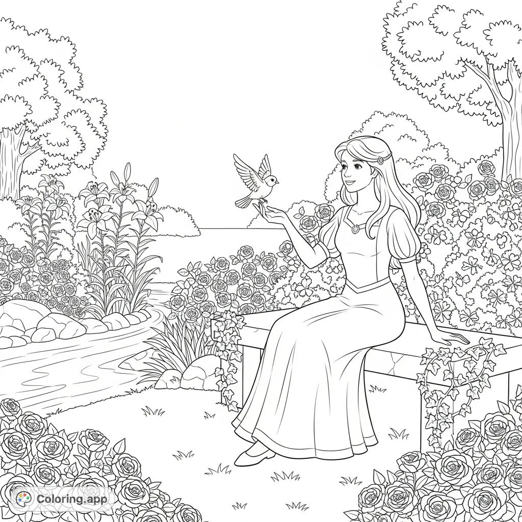 A serene princess shares a tender moment with a curious bird in a lush garden filled with roses, lilies, and winding ivy beside a tranquil stream.