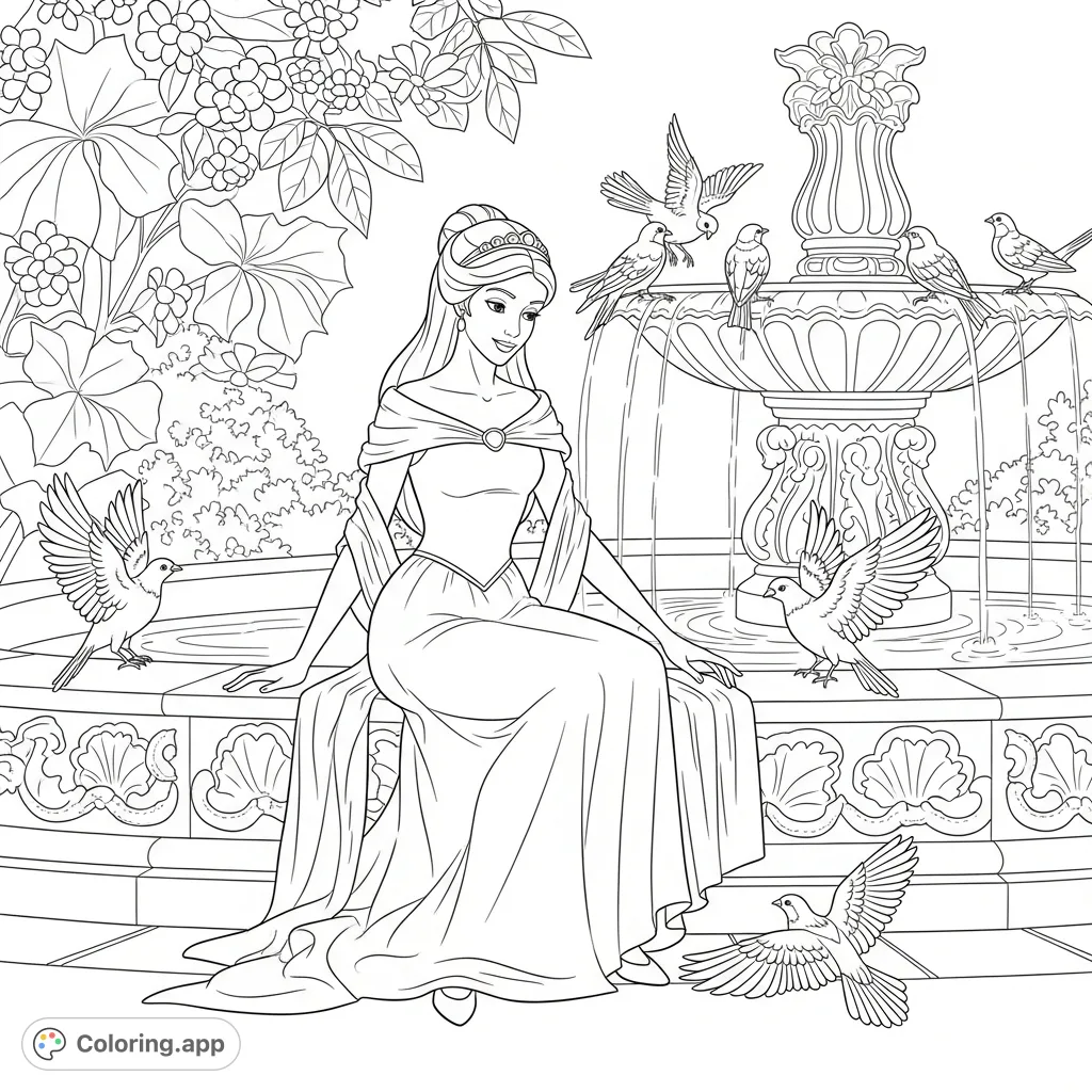 A charming princess in a flowing gown rests by an ornate fountain, surrounded by delightful birds. A serene scene set in a lush royal garden.