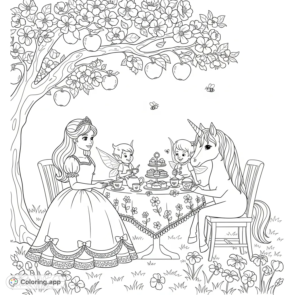 A young princess, a mischievous sprite, and a gentle unicorn enjoy a whimsical tea party under a blossoming apple tree, surrounded by flowers and treats.