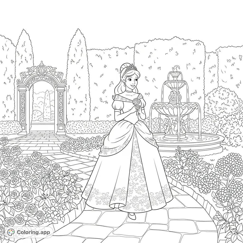 An elegant princess strolls through a lush royal flower garden, featuring intricate floral patterns and majestic architectural elements. A serene scene for detailed coloring.