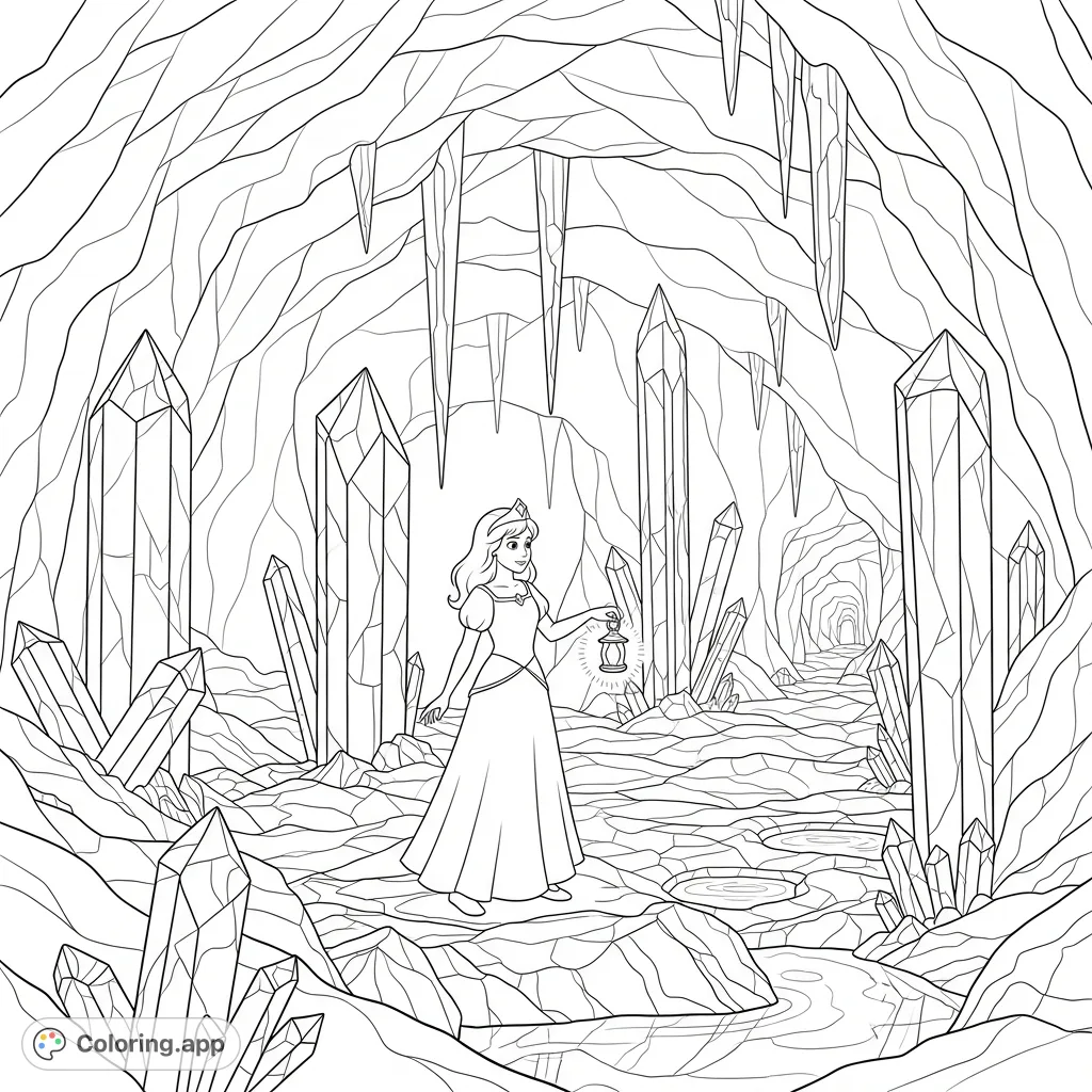 A princess explores an enchanting crystal cave, illuminated by her lantern. Intricate crystals shimmer, with reflective water features adding to the magical setting.