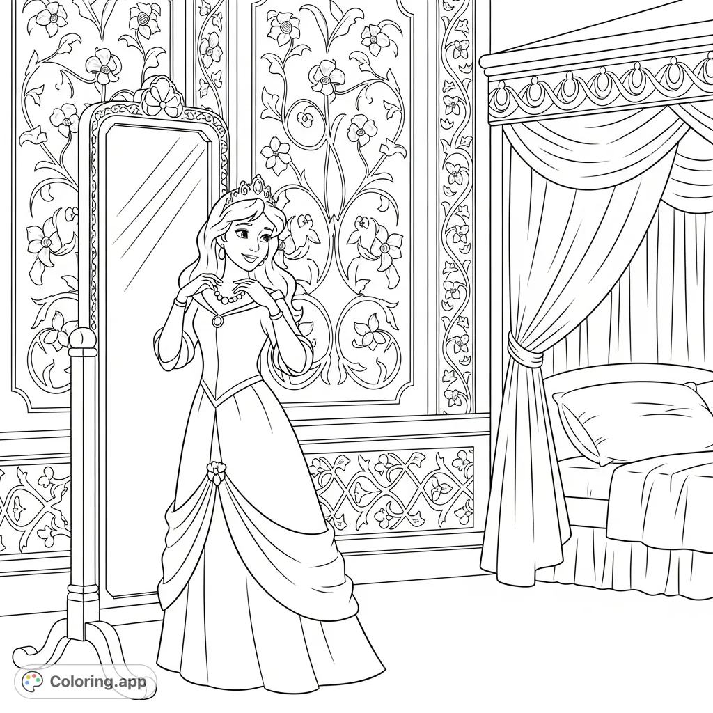 Step into a royal chamber with a princess admiring herself in an ornate mirror, surrounded by floral patterns and luxurious drapes. A regal coloring experience awaits!