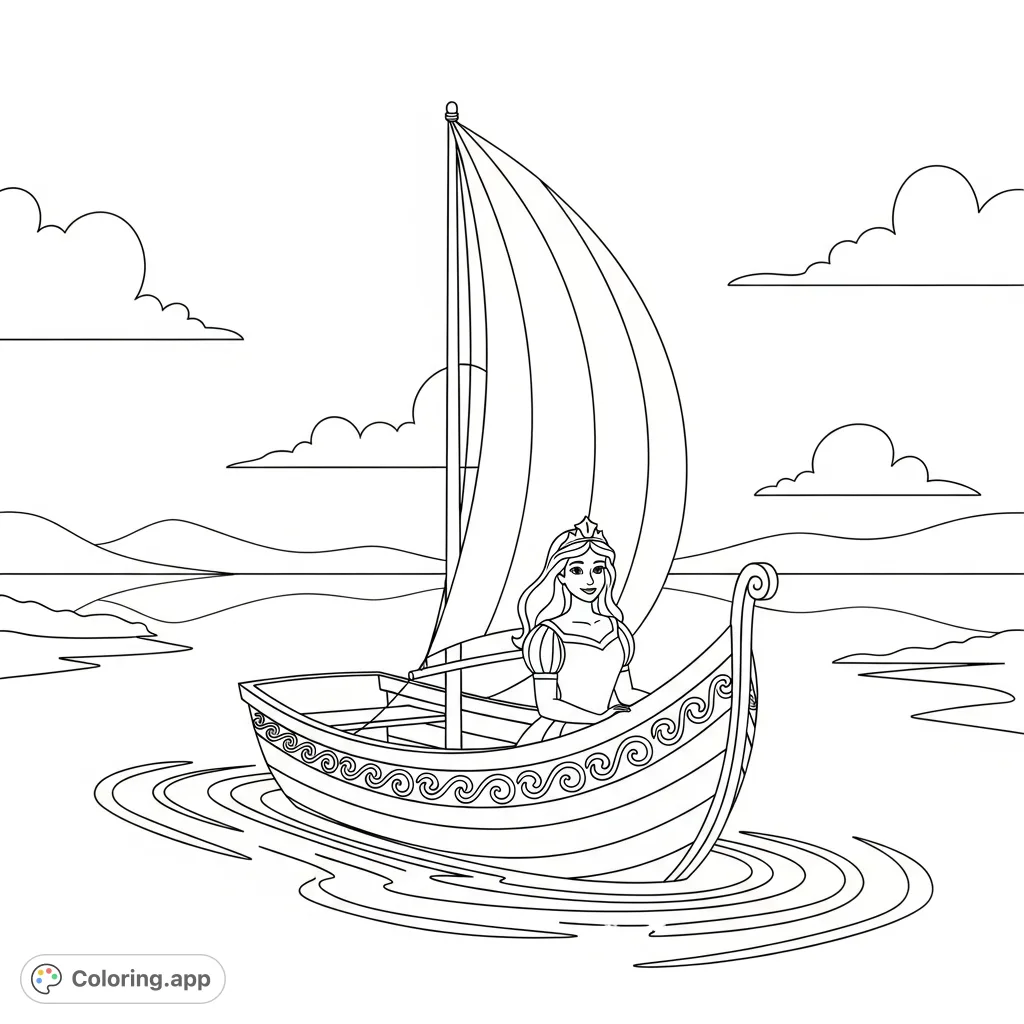 A beautiful princess navigates a small, elegant boat across a tranquil lake, surrounded by rolling hills and serene reflections, awaiting vibrant colors.