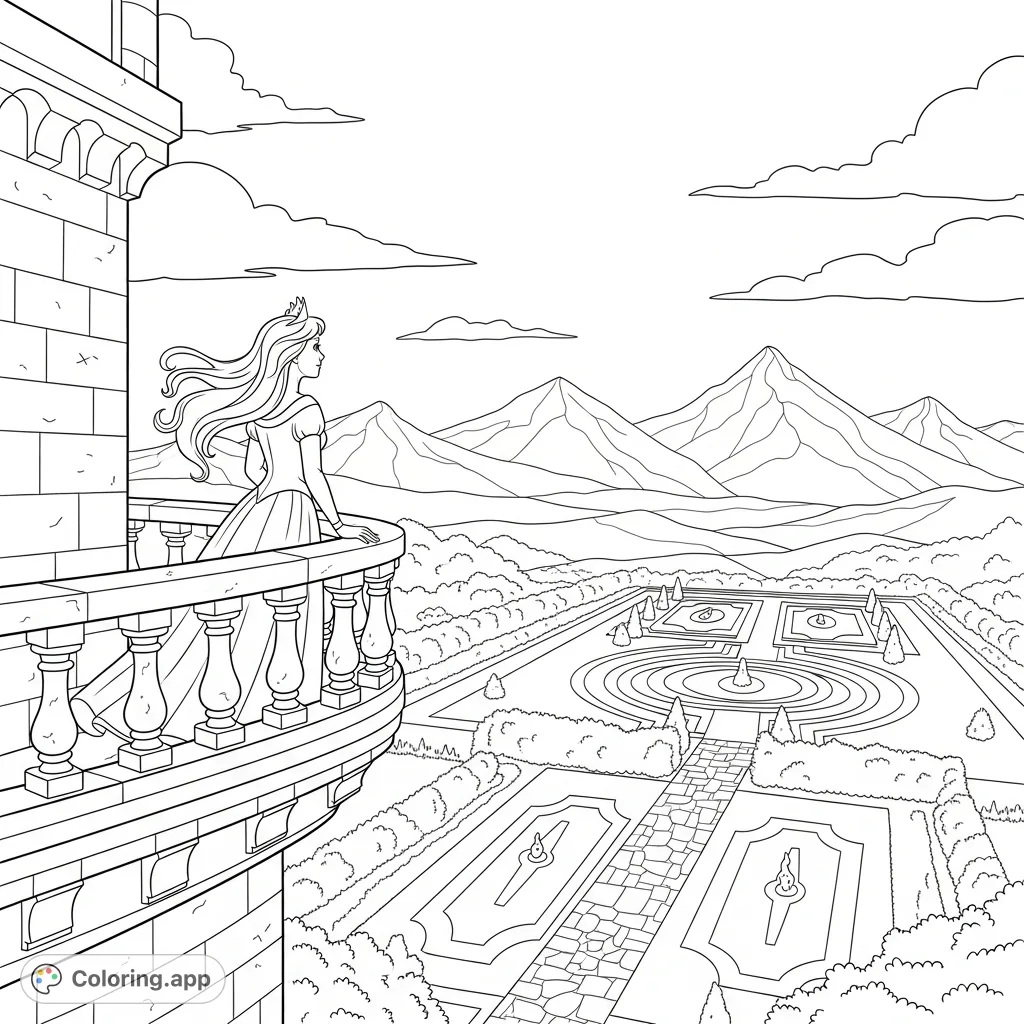 A solitary princess overlooks her grand kingdom from a castle balcony, with intricate grounds and majestic mountains stretching to the horizon. A royal coloring page.